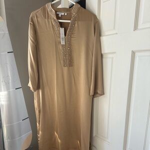 Chico's Beige Long Sleeve Dress with Beaded Neckline